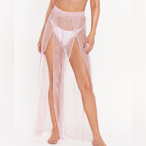 NastyGal Vacation Stars Pink Wide Leg High Waist Slit CoverUp Pants Taylor Swift - Picture 2 of 10